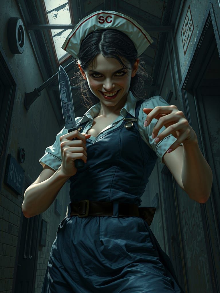 Sultry Evil Nurse in Ruined Asylum, Low-Angle View