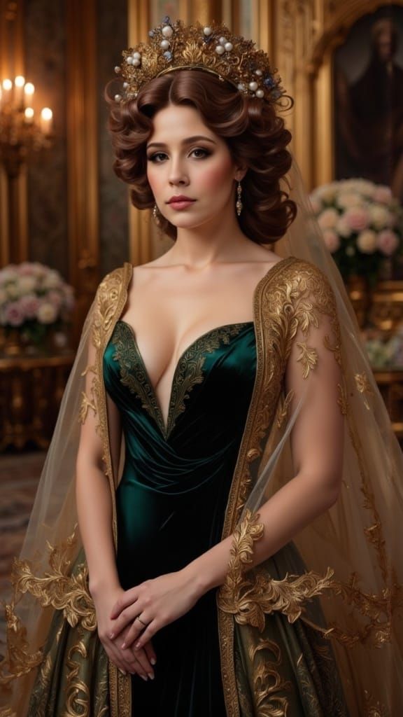 Elegant Victorian Lady in Velvet Gown and Golden Cape