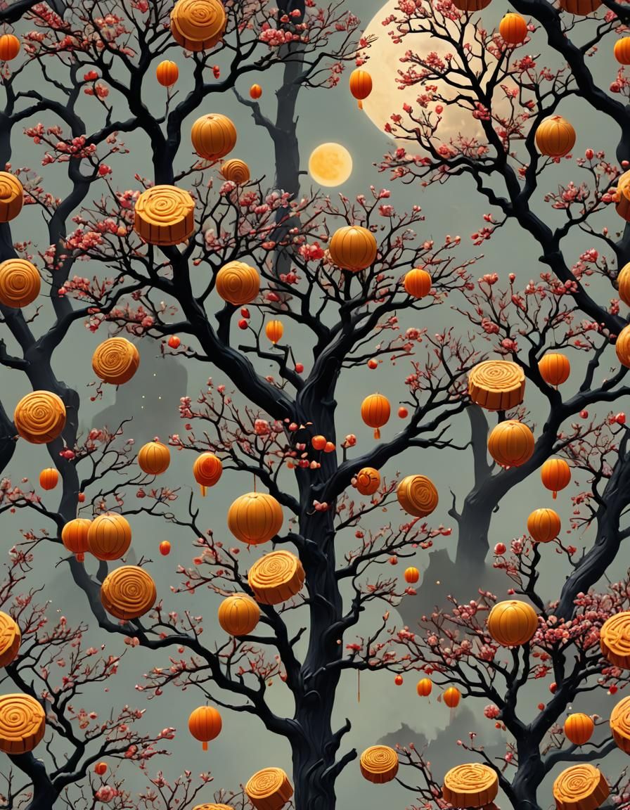 Chinese Moon Cake New Years Tree: Detailed Matte Painting