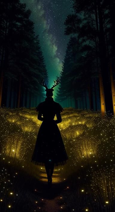 Deer Silhouette Illuminated by Fireflies at Night