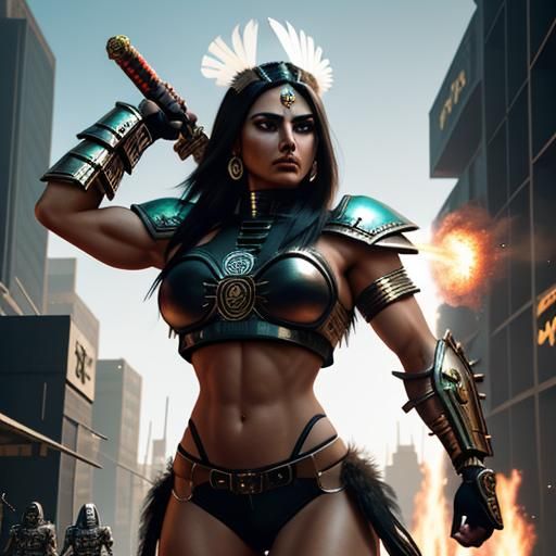 Aztec Warrior Woman with Flaming Sword in Cyberpunk Style