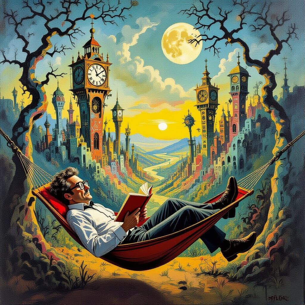 Man Reads in Hammock Amidst Surreal Melting Clockwork Landsc...
