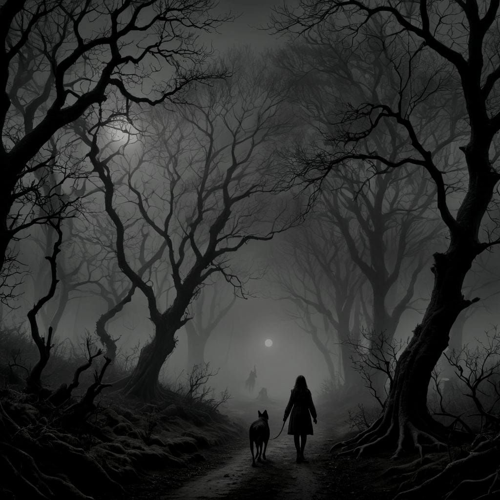 Girl Walking Dog in Nature: Horror Art Style
