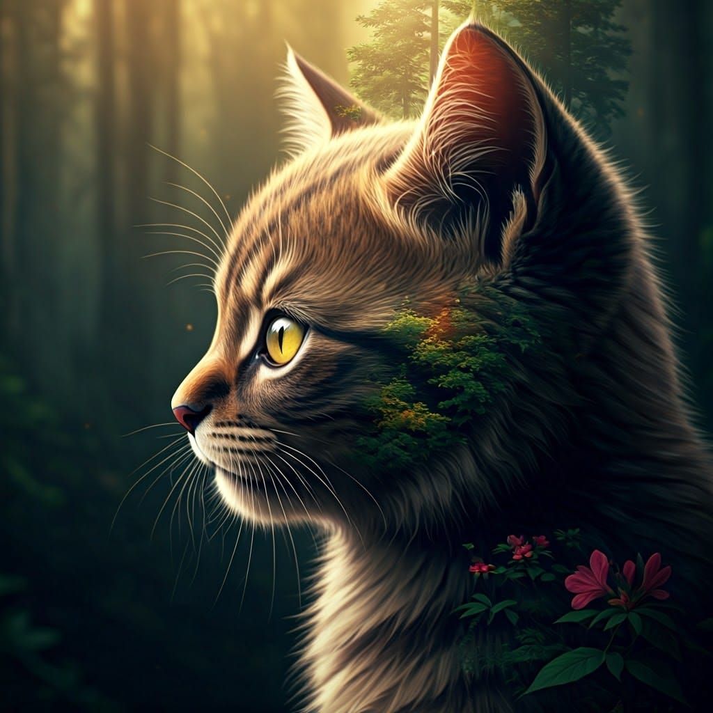 Kitten Profile Merged with Forest, Double Exposure Art