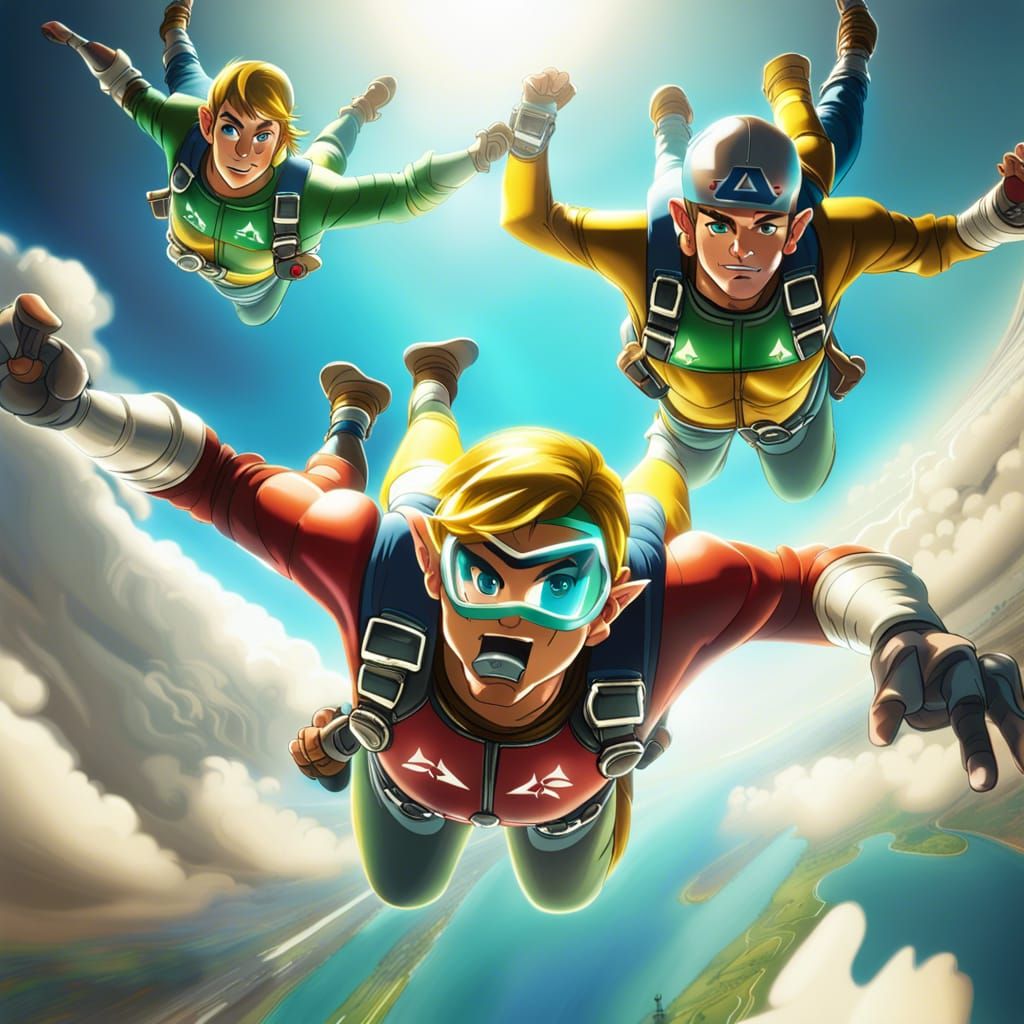 Skydiving Link in Hyrule: Digital Illustration