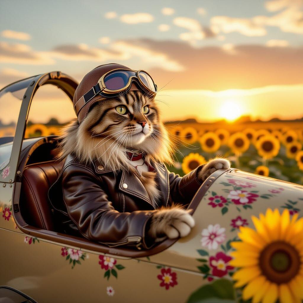 Cat Pilot Soaring Over Sunflowers in Biplane