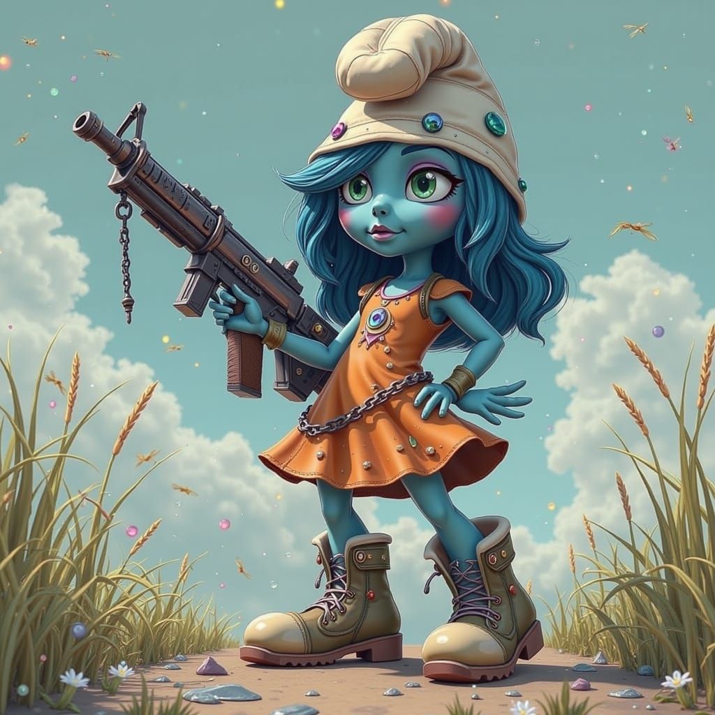 Smurfette as Dystopian Supermodel with Makeshift Weapon