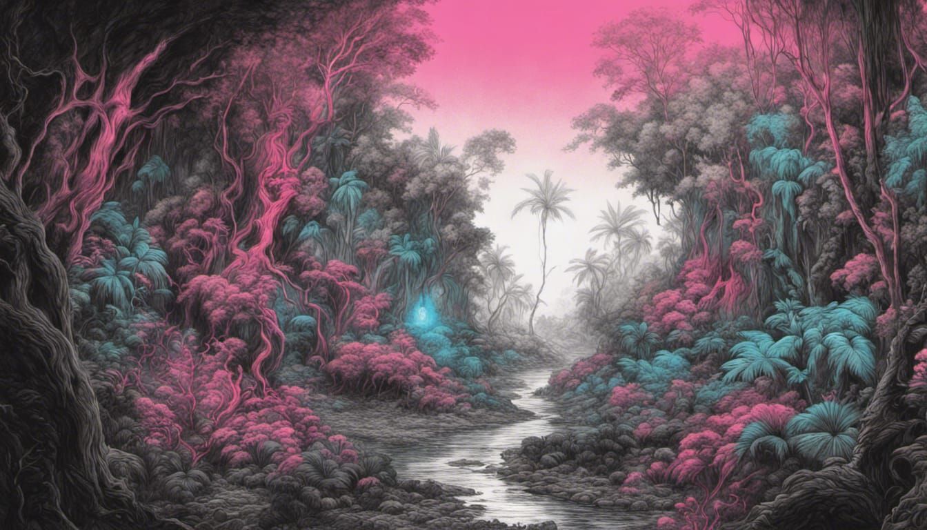 Synthwave Jungle on Dying Earth: Charcoal Drawing