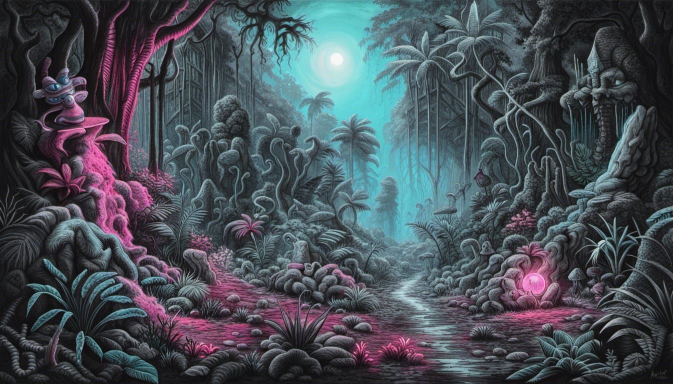 Dying Earth Jungle: Synthwave Horror Charcoal Drawing