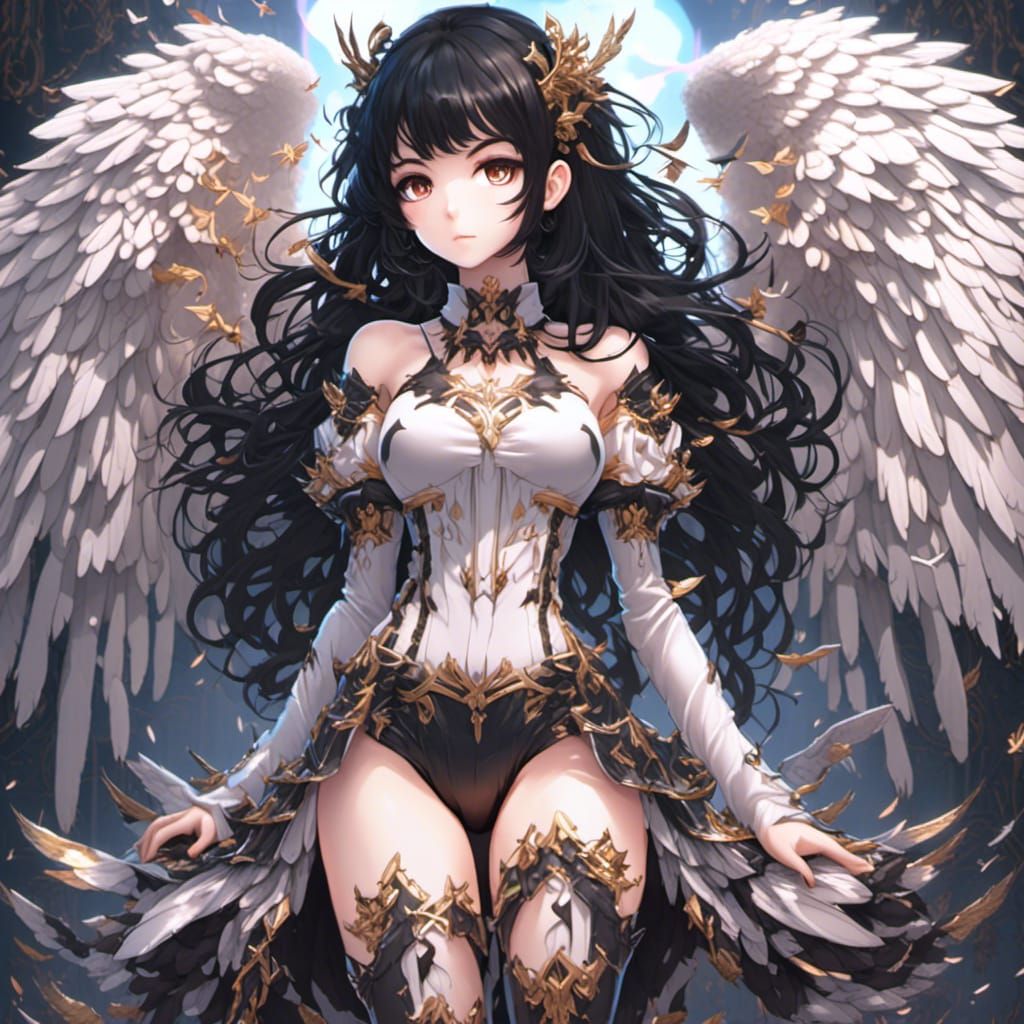 Chibi Black-Haired Angel in Detailed Matte Painting