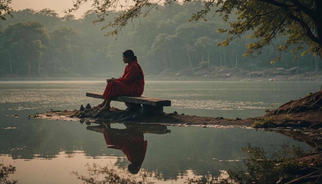 Lonely Woman in Red Saree by Lake at Evening