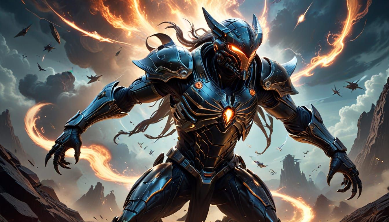 Cyberpunk Warrior Engages Alien Horde in Intense Battle