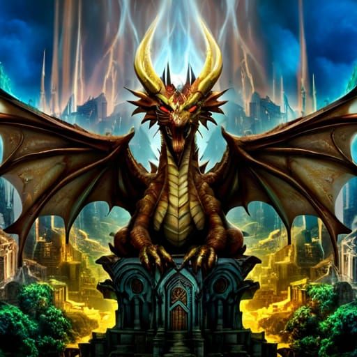 Hyperrealistic Celtic Dragon Flying Over Elvish City