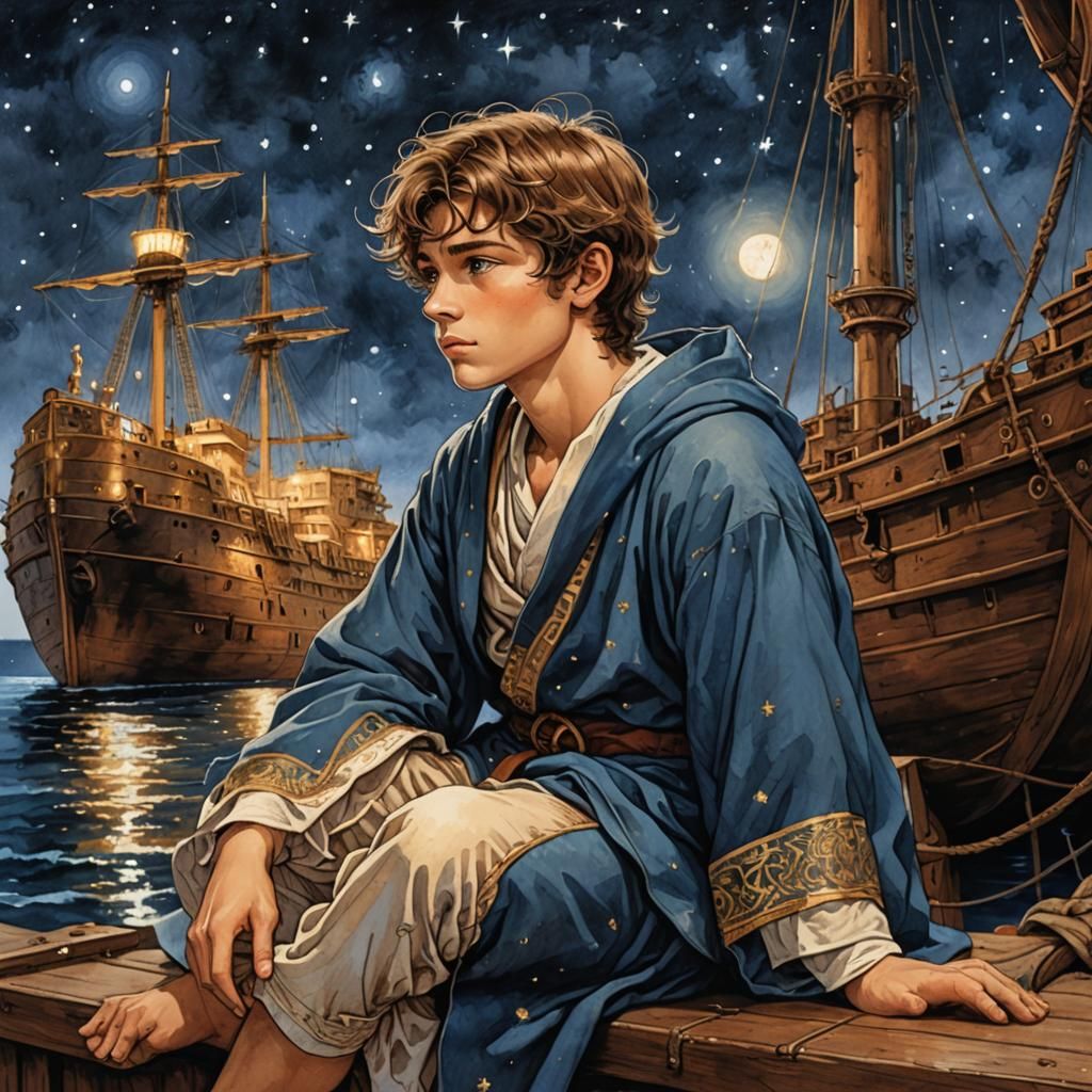Boy Contemplates Night Sky by Ship, Bandes Dessinées Style