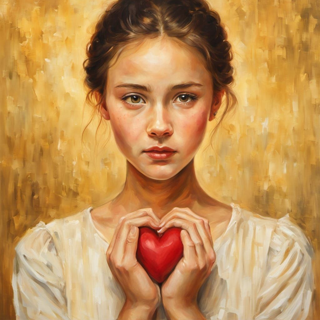 Girl Offering Heart in Oil Painting Style