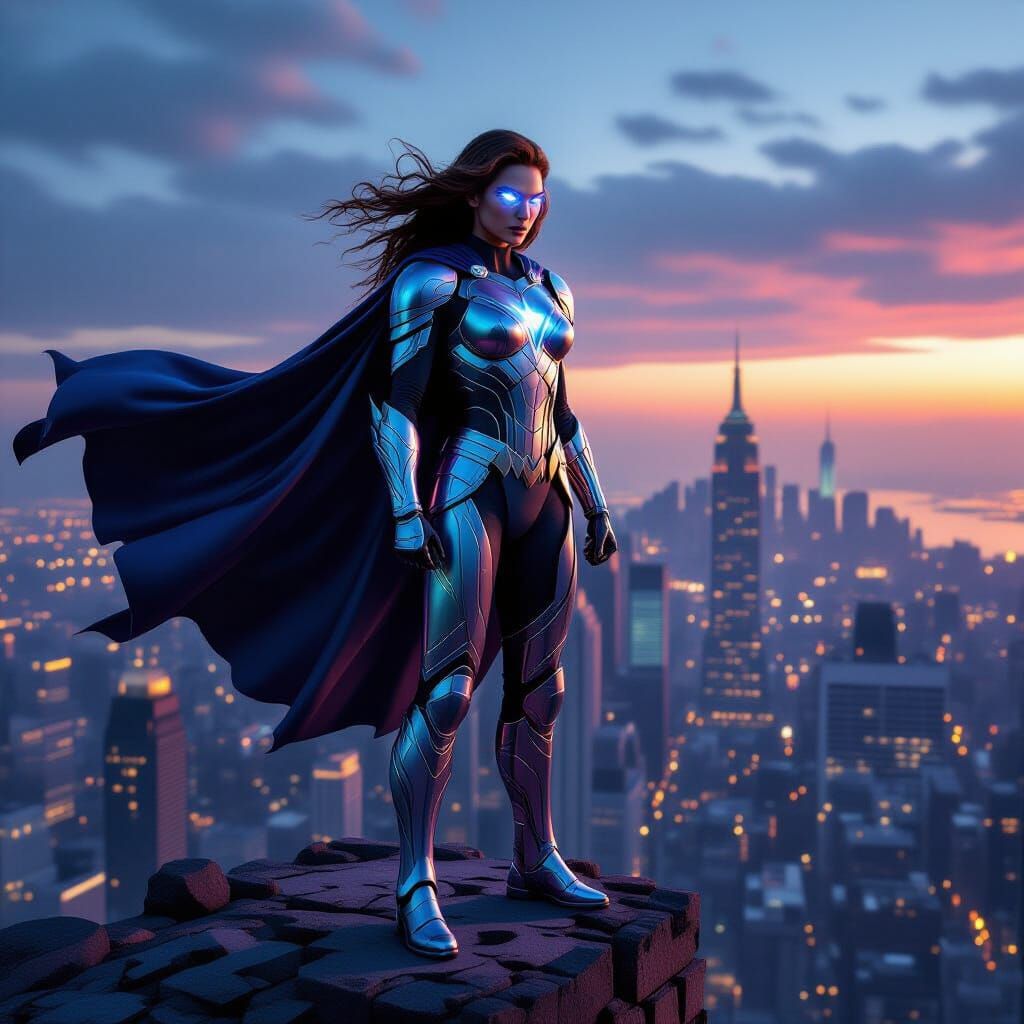 Female Superhero in Iridescent Armor on Skyscraper at Dusk