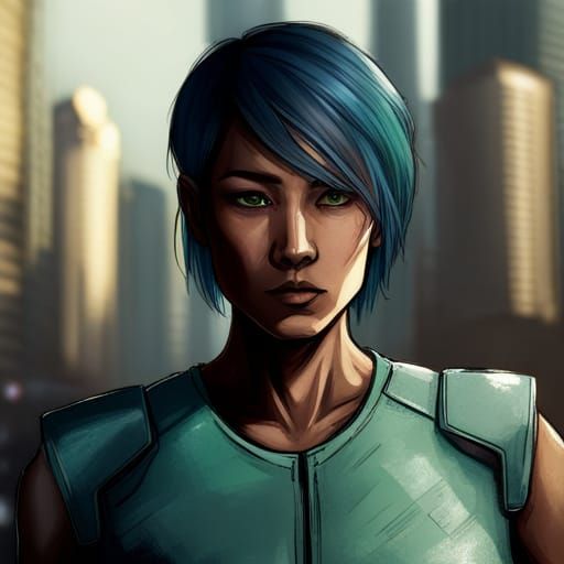Cyberpunk Androgynous Woman Portrait with Blue Hair