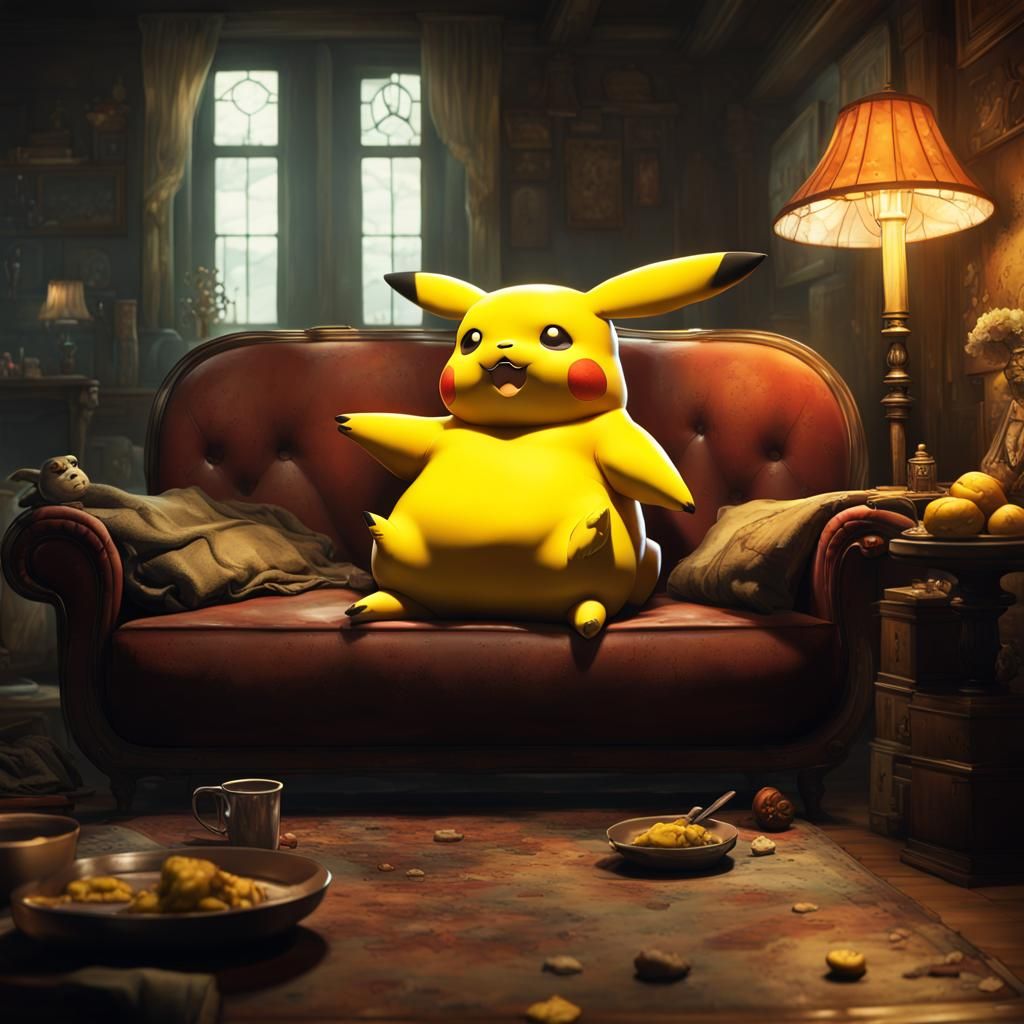 Overweight Pikachu Stress Eating: Dark Fantasy Concept Art
