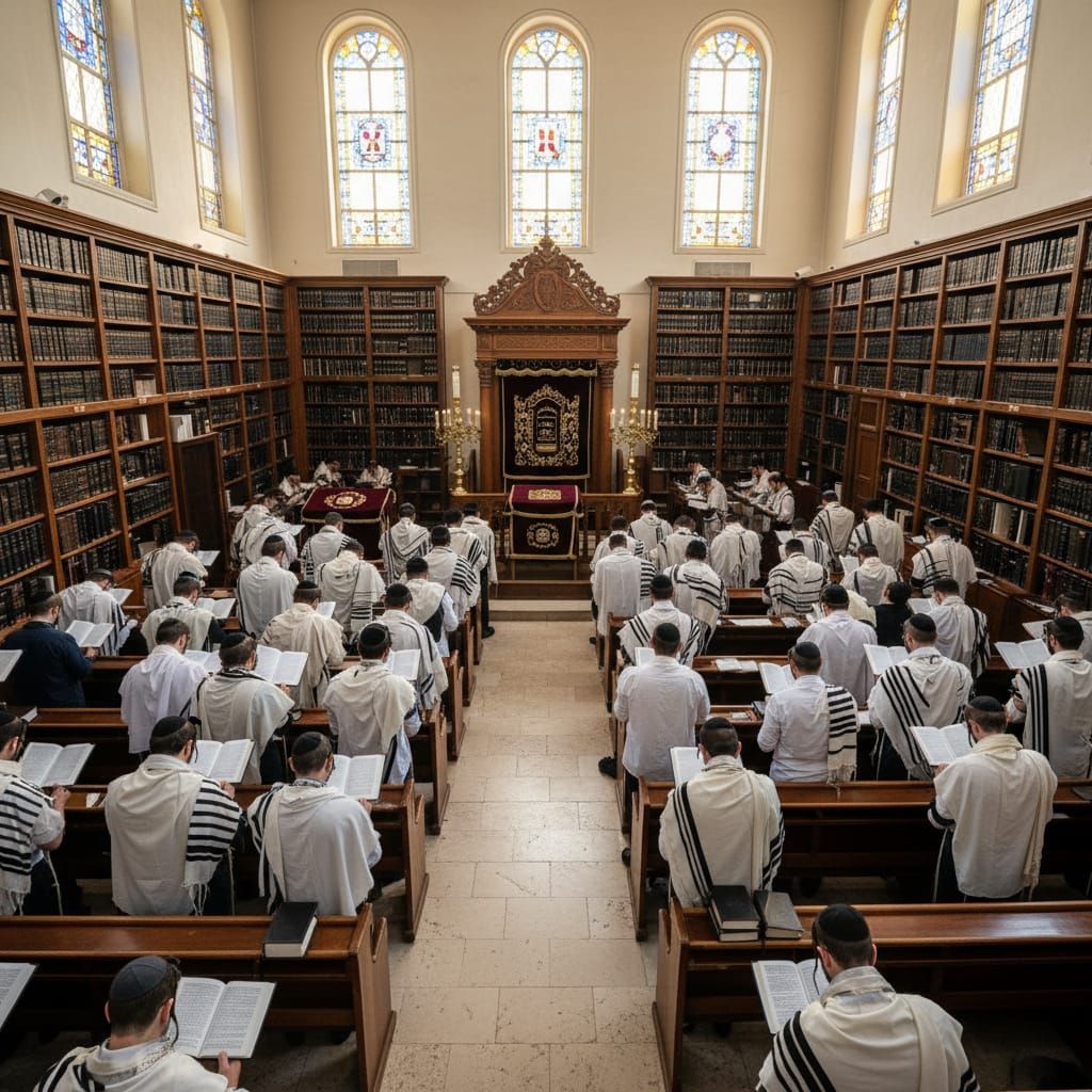 Jewish Synagogue Filled with Devout Worshippers in Prayer