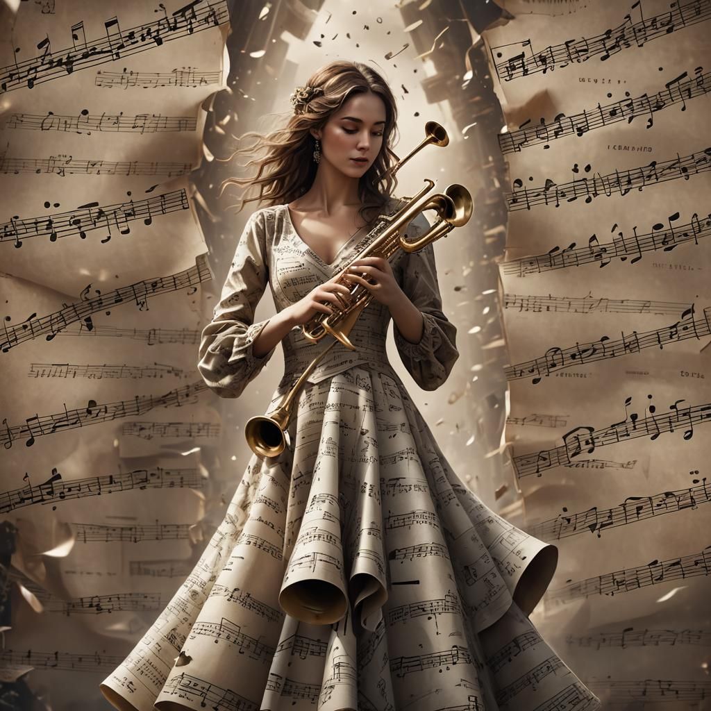 Woman in Musical Dress Plays Trumpet