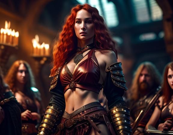 Hyper-Realistic Warrior Woman in Medieval Tavern