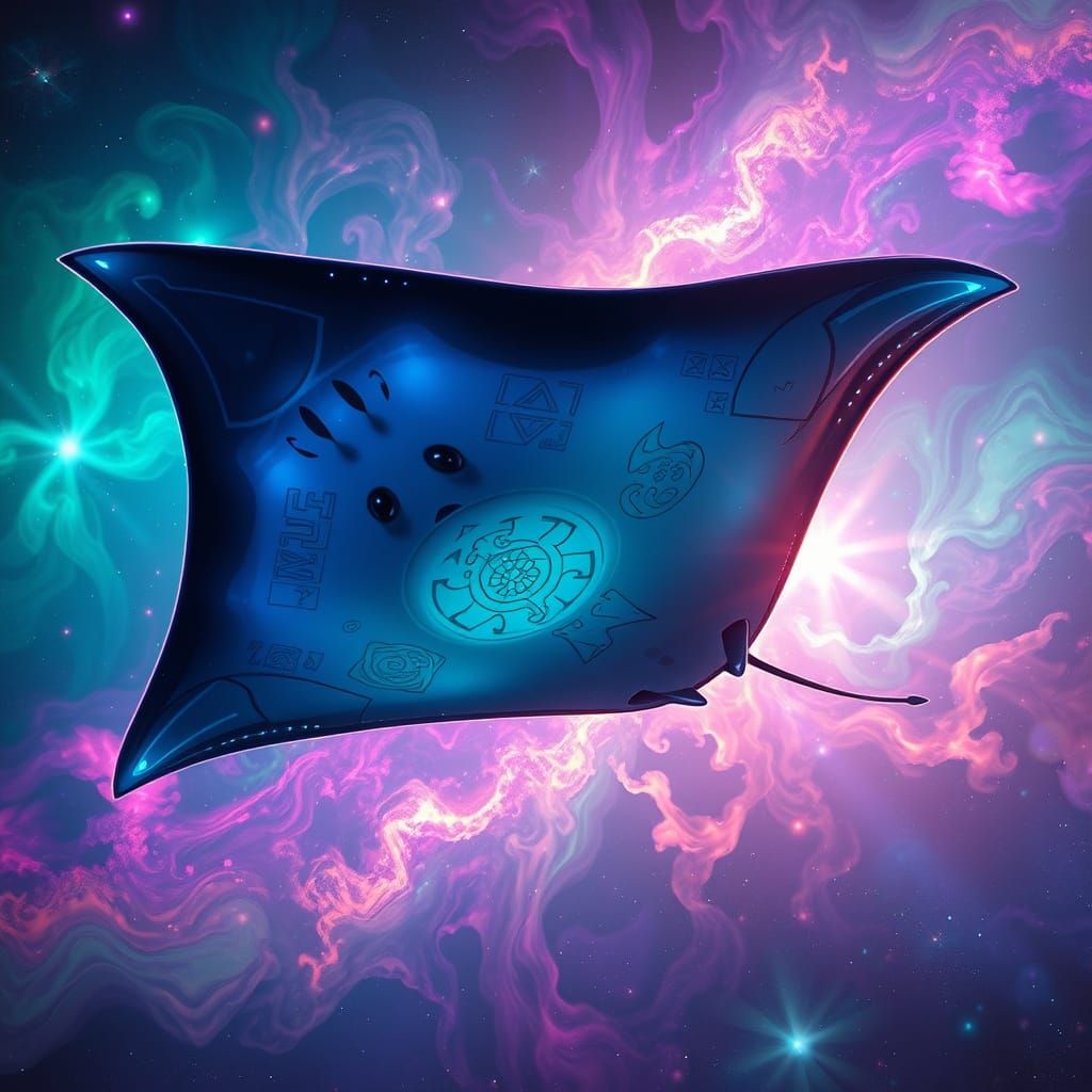 Bioluminescent Manta Ray Gliding Through Nebula