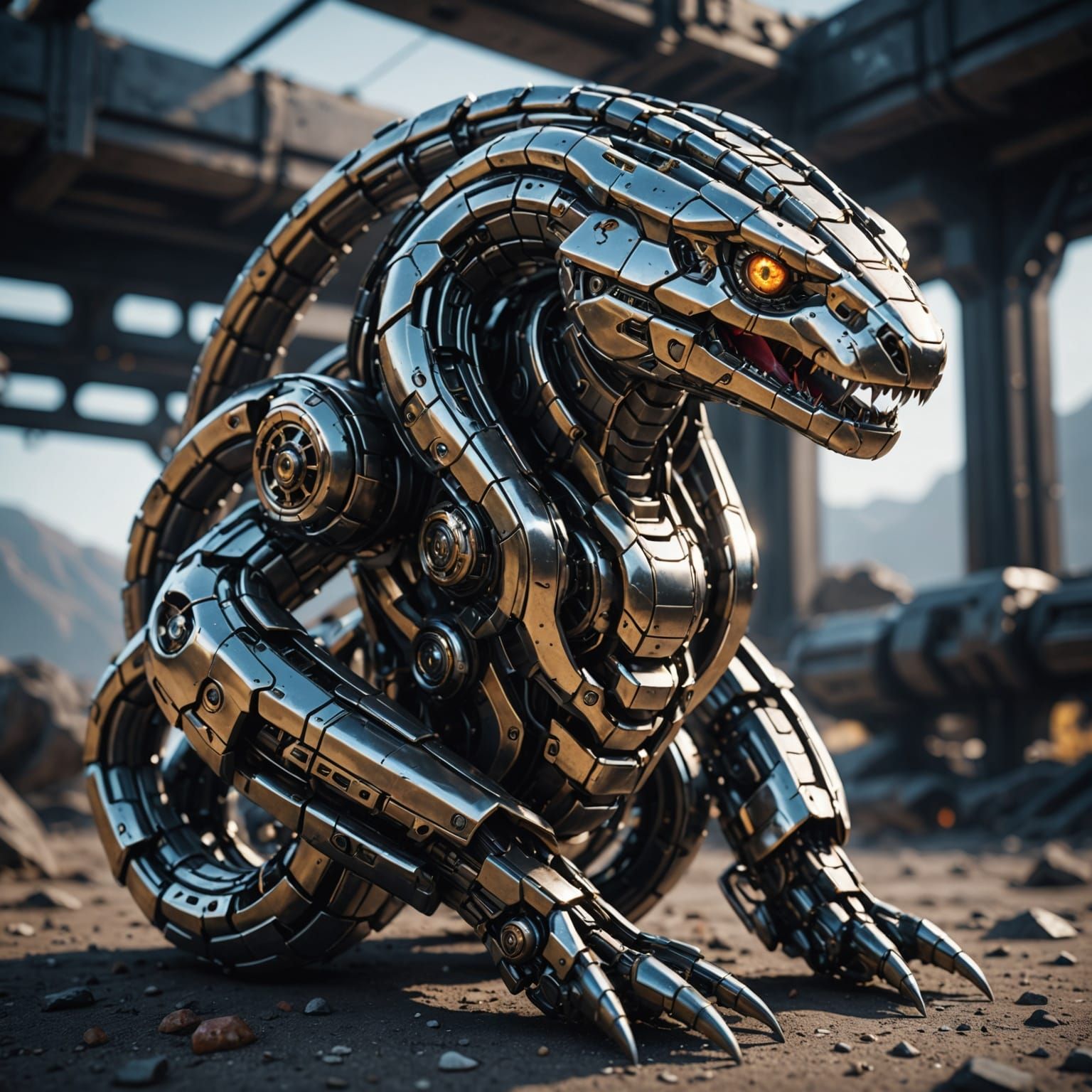 Majestic Sci-Fi Mech Snake in Polished Metal