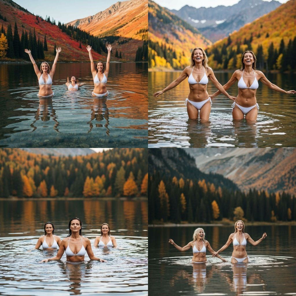 Young-Looking Women in White Bikinis Swim in Autumn Mountain...