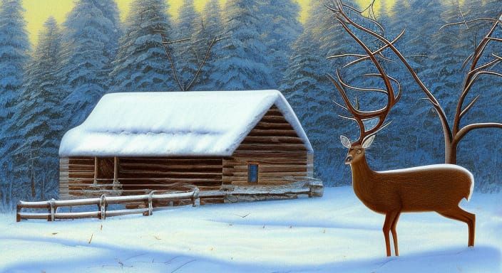 Winter Snow Scene with Log Cabin and Deer