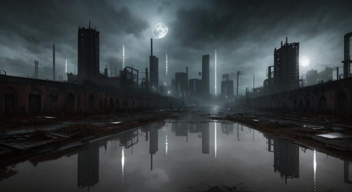 Flooded City Ruins in Post-Apocalyptic Dystopia