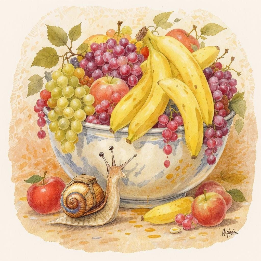 Curious Snail's Fruit Adventure: Storybook Illustration