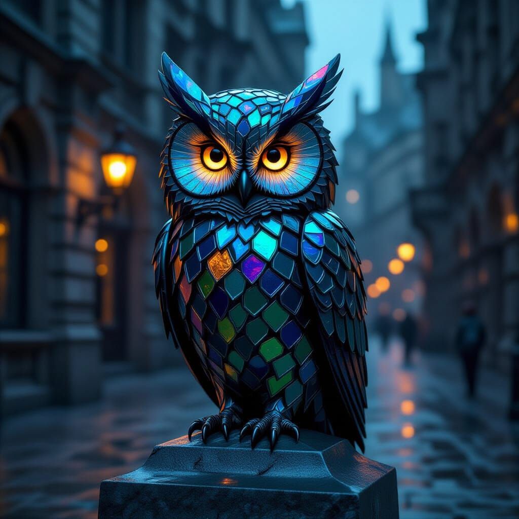 Sea Glass Owl Monument In Moody Victorian City