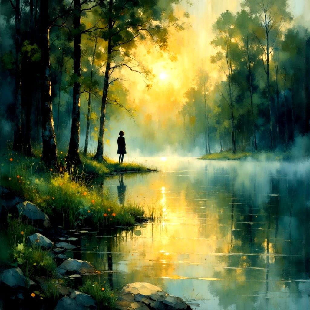 Magical Waterscape with Crepuscular Rays in Watercolor Style