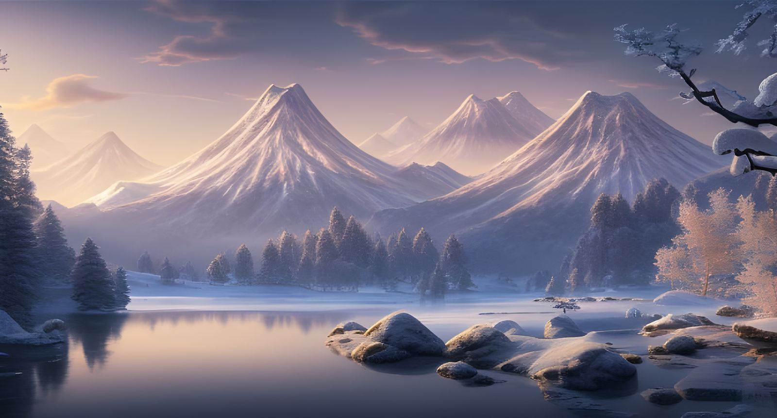 Detailed Japanese Mountain Winter Landscape at Sunset