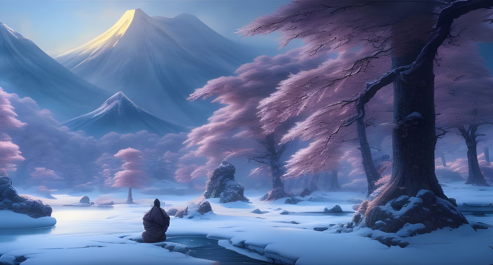 Winter Japanese Mountain Sunset: Hyper-Realistic Digital Art