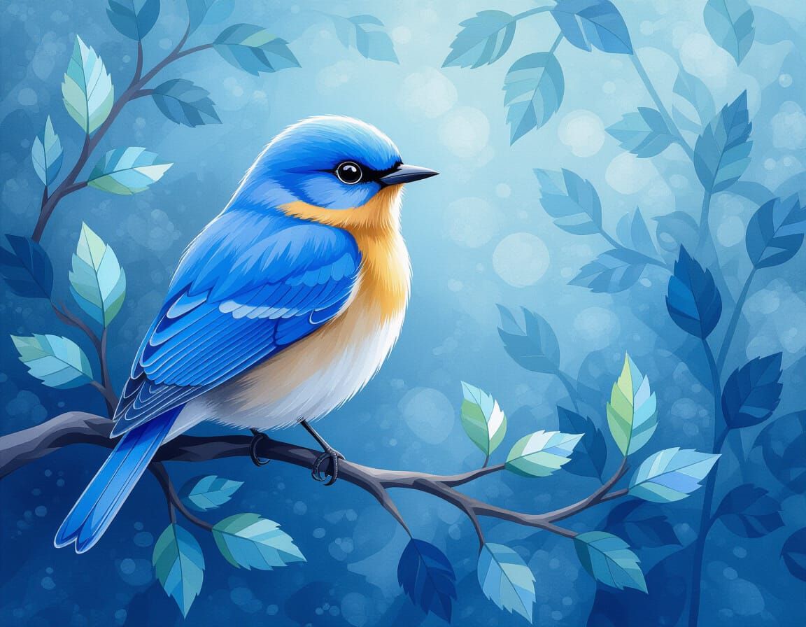 Vivid Azure Blue Bird in Luminous Watercolor Style