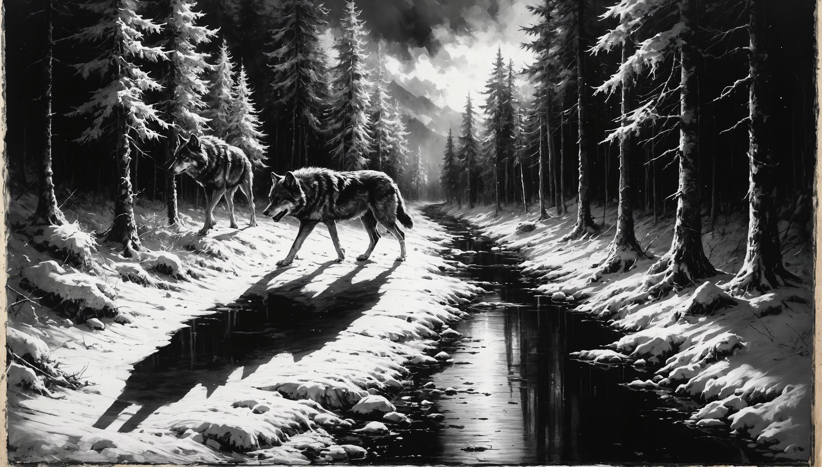 Elderly Wolf in Snowy Forest: Charcoal Drawing