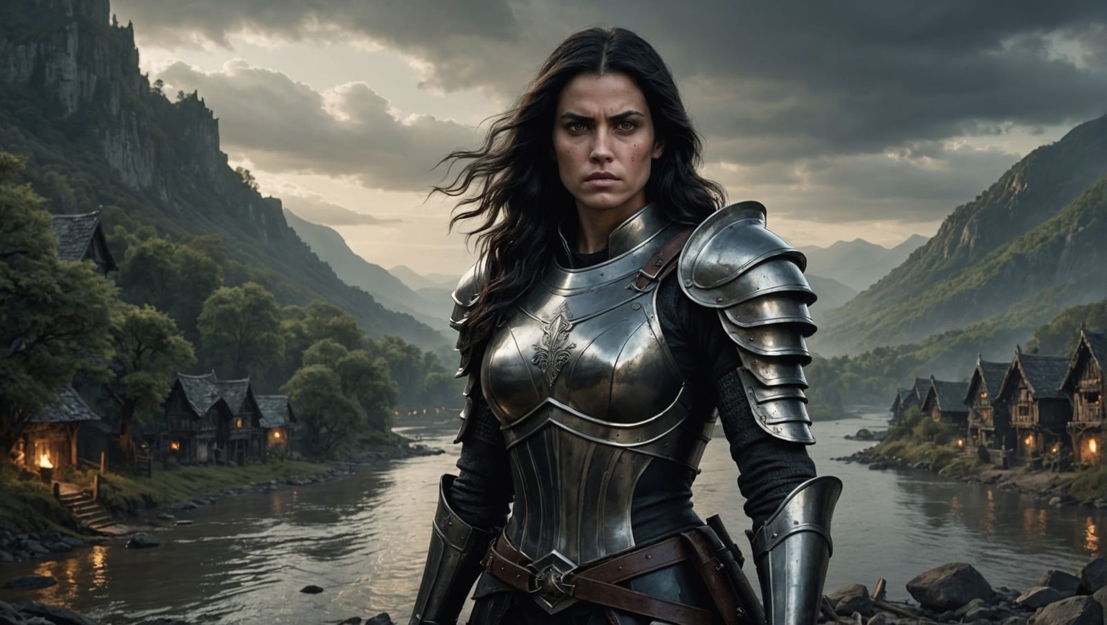 Grim Soldier Portrait with Demoness in Fantasy Landscape