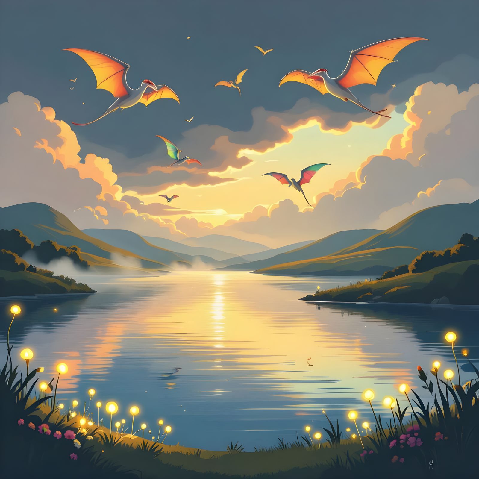 Magical Prehistoric Lakeside Scene in Children's Book Style