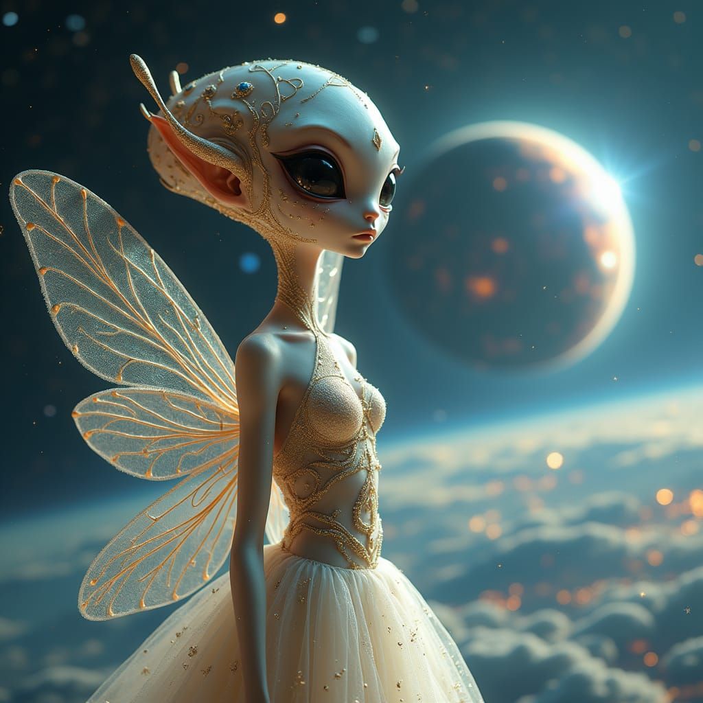 Elegant Alien Gazing at Space Station in Cosmic Setting