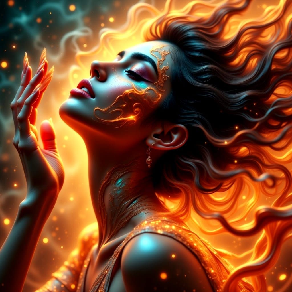 Ethereal Woman Ignites with Fiery Passion