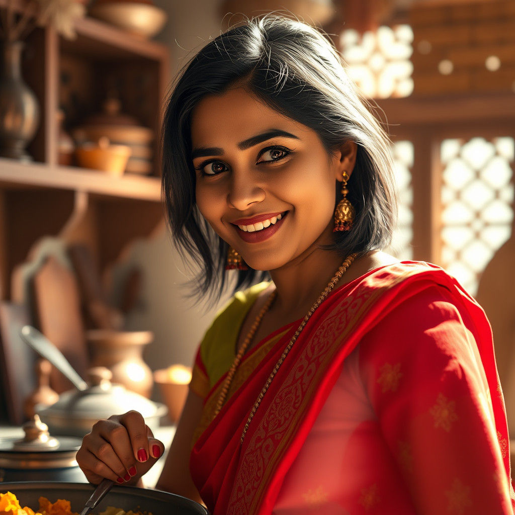 Radiant Bengali Woman Preparing Lunch, Art Nouveau Style