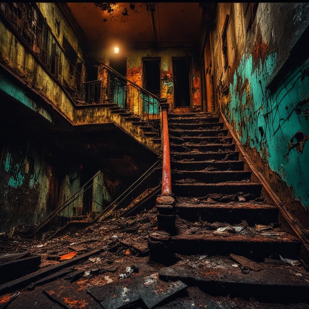 Creepy Decayed Stairwell Nightmare at Night