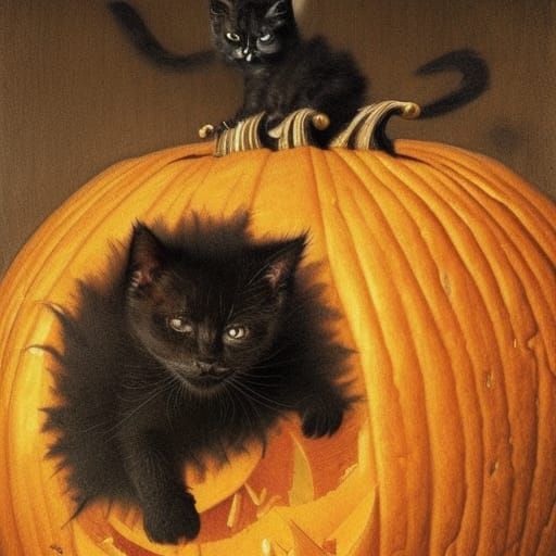 Black Kitten in Pumpkin Field, Horror Style