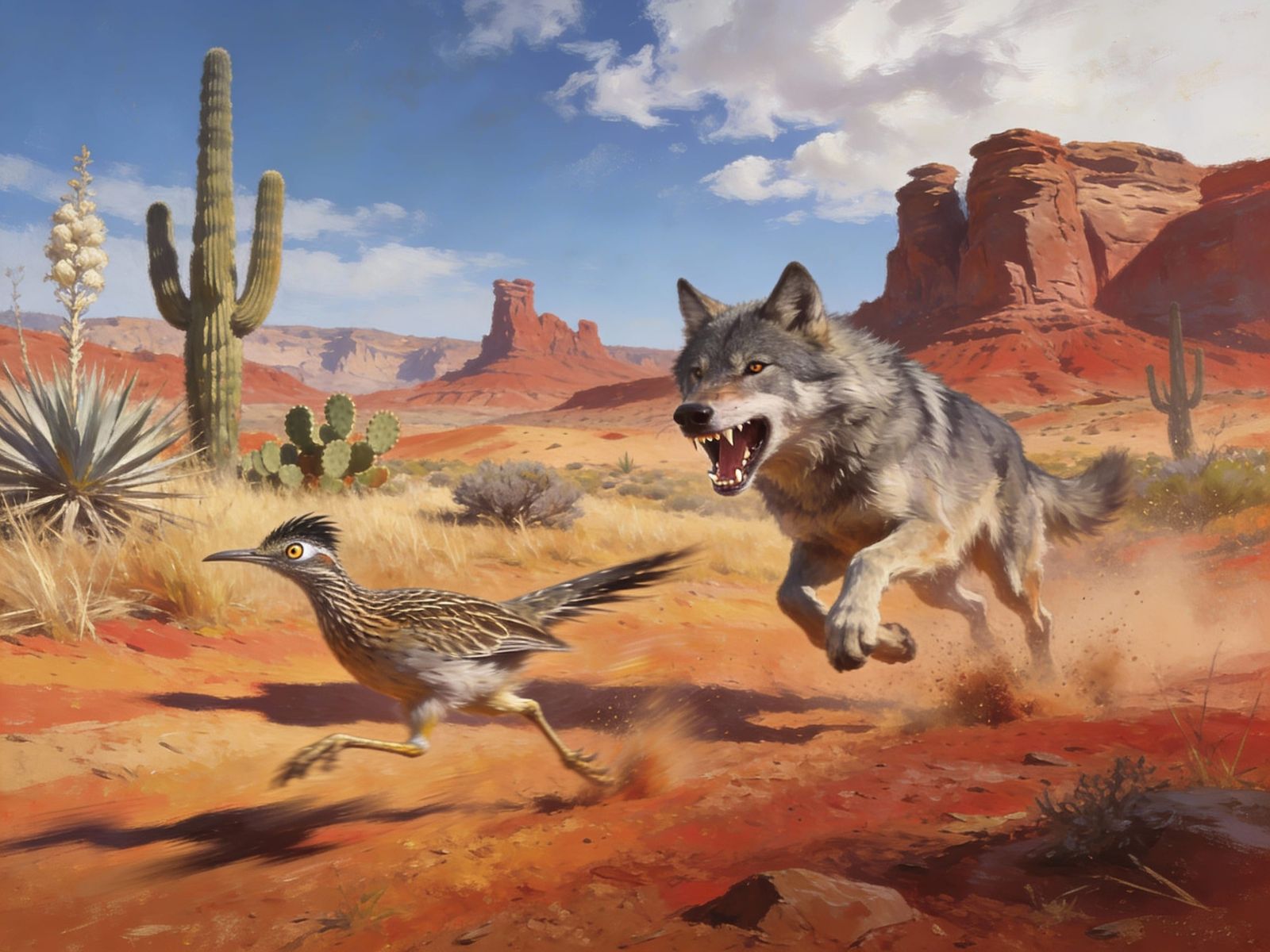 Wolf Hunts Road Runner in Red Rock Desert