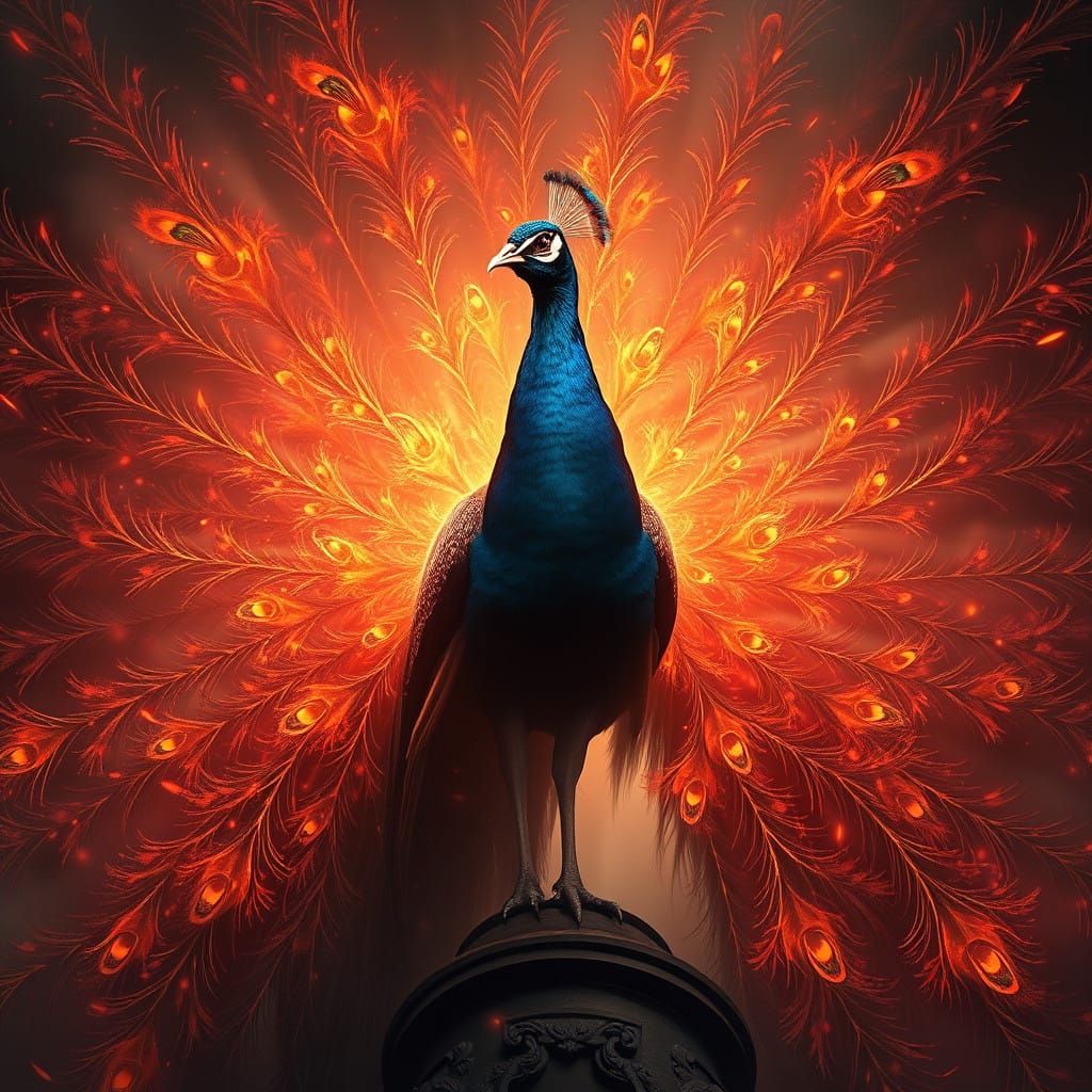 Epic Cinematic Digital Peacock in Fiery Splendor