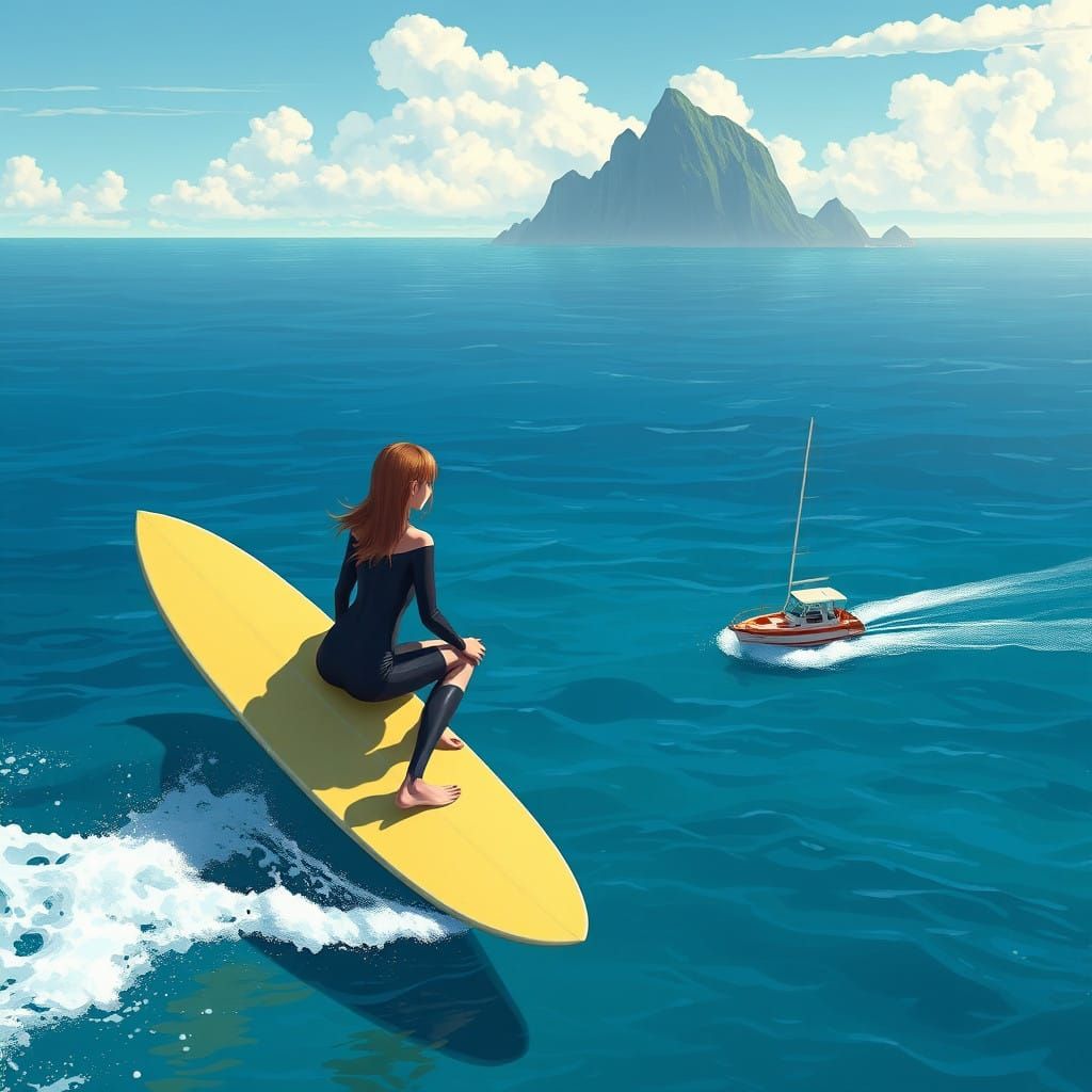 Giant Female Surfer Riding the Waves in a Cinematic Manga St...