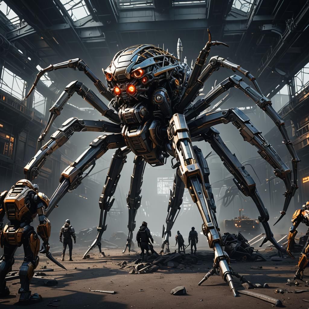 Epic Mecha Spider Looms Over Humans in Sci-Fi Art