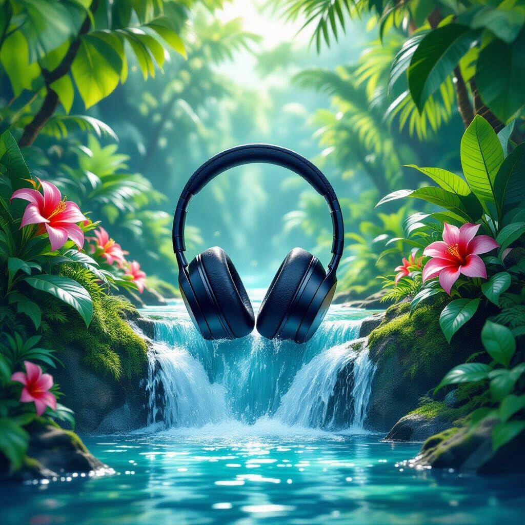 Apple Headphones Emerge from Tropical Waterfall