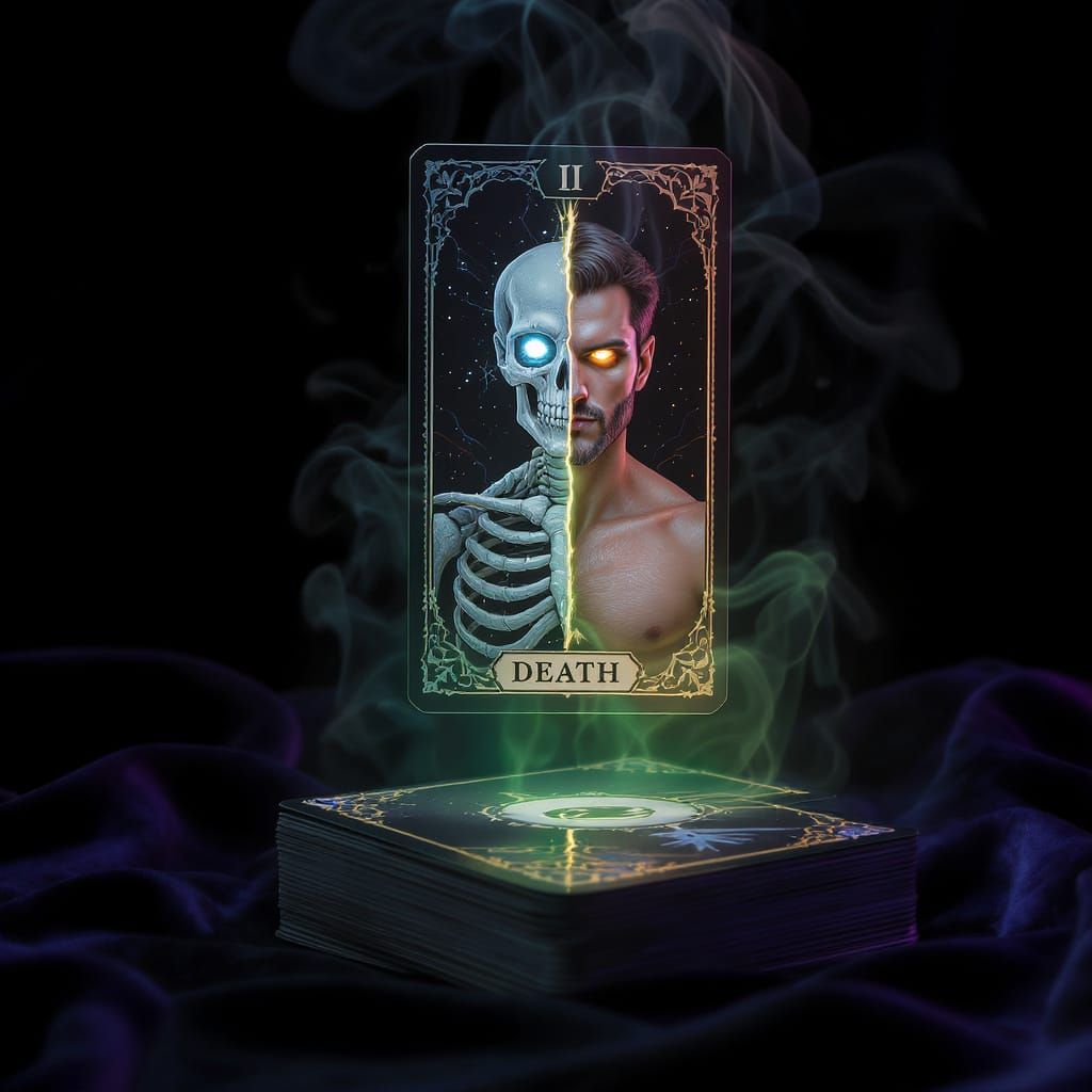 Gothic Tarot Deck with Death Card in Neon Light